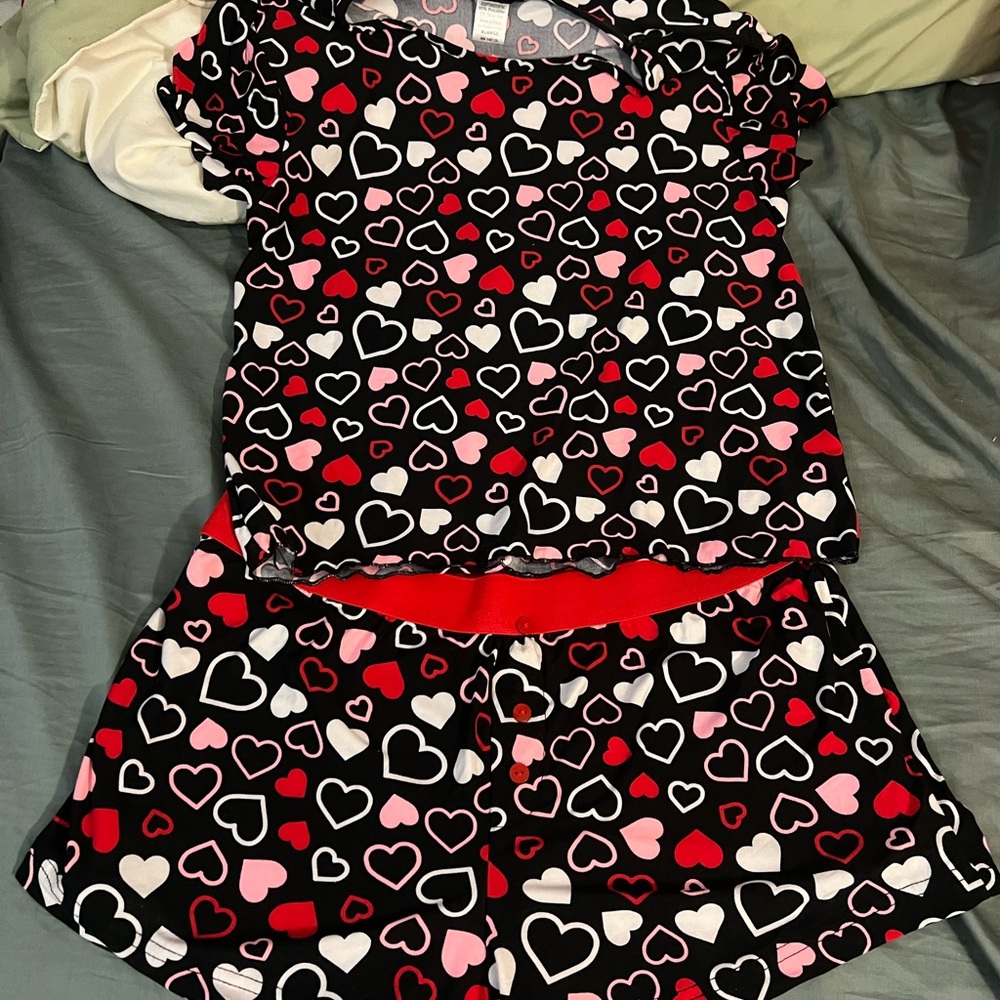 Heart Print Black Pajama Set with Red & Pink Hearts